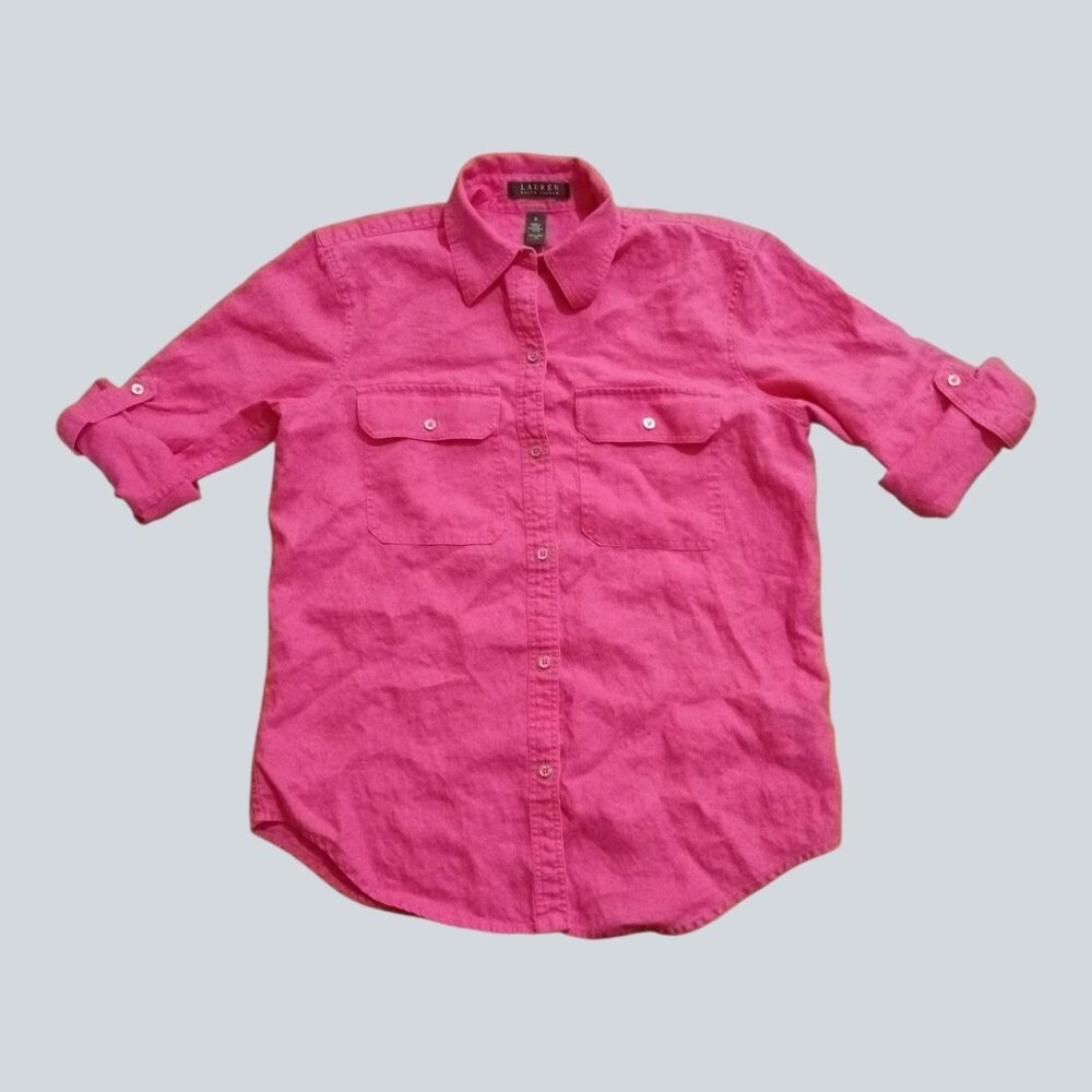 Lauren Ralph Lauren Women's Linen Button-Up Blouse Pink Size S Roll Tab Sleeve